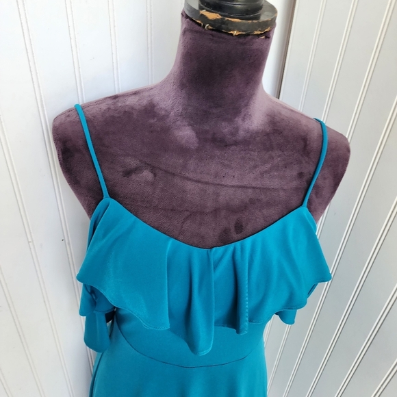 Express Mini Dress Womens Teal Ruffle Cold Shoulder Party Date Night  Stretch XS - Picture 3 of 12